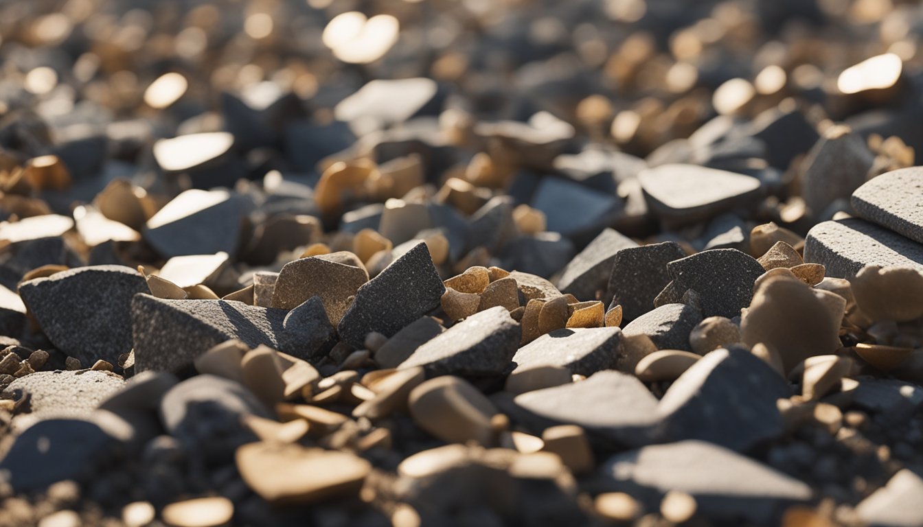 En bunke granitchips spredt på jorden varieret i størrelse og form med nogle der reflekterer sollyset