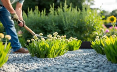 En gartner lægger granitskærver rundt om et blomsterbed og skaber en pæn og dekorativ overflade De små glatte sten tilføjer et strejf af elegance til haven