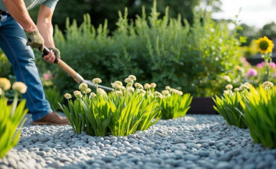 En gartner lægger granitskærver rundt om et blomsterbed og skaber en pæn og dekorativ overflade De små glatte sten tilføjer et strejf af elegance til haven