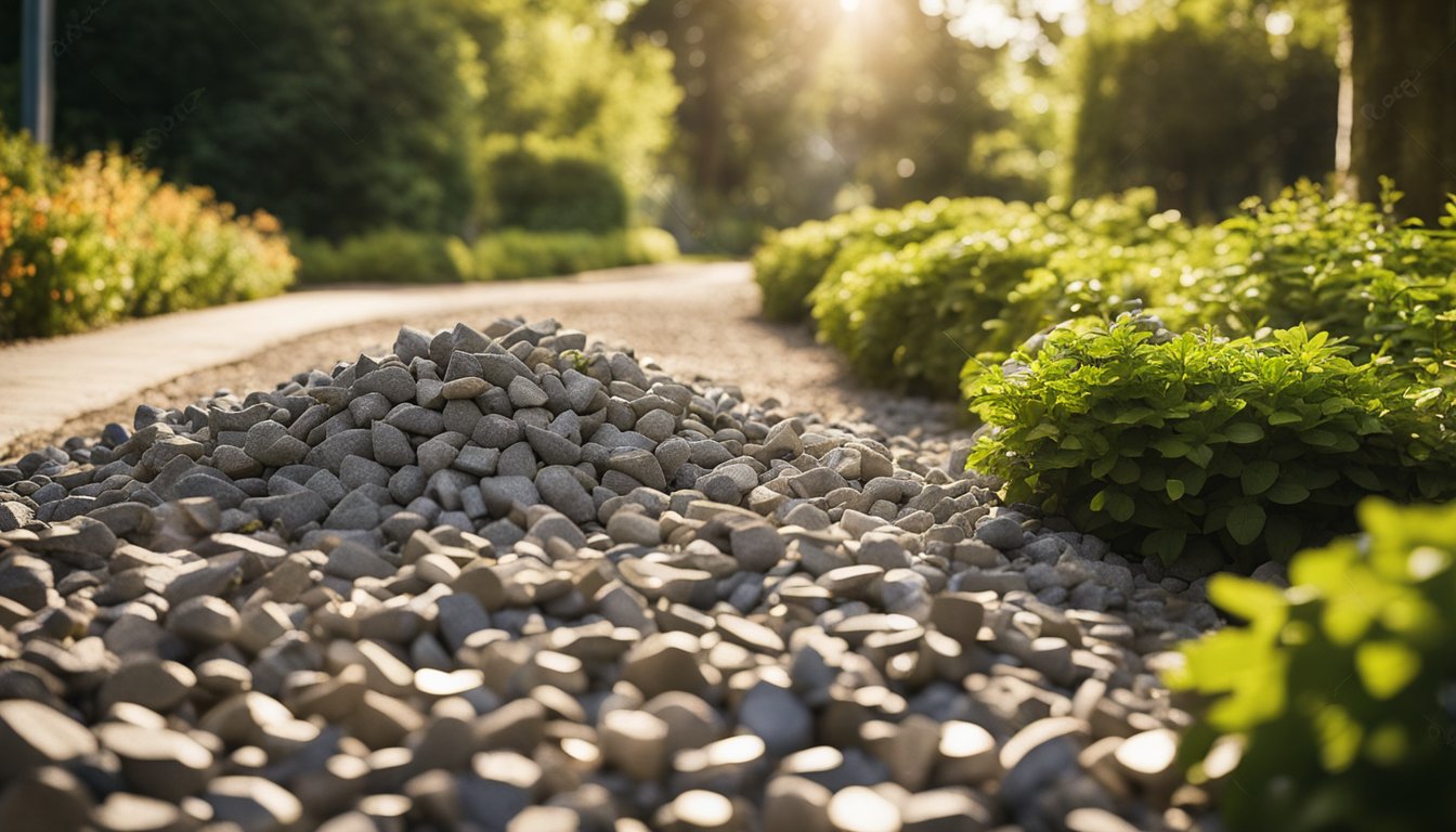 En bunke af grundlæggende granitsten spredt over en havegang omgivet af frodig grønt og oplyst af varmt sollys