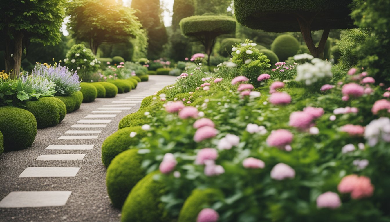 En fredfyldt have med en sti kantet med granitflis omgivet af frodig grønt og blomstrende blomster